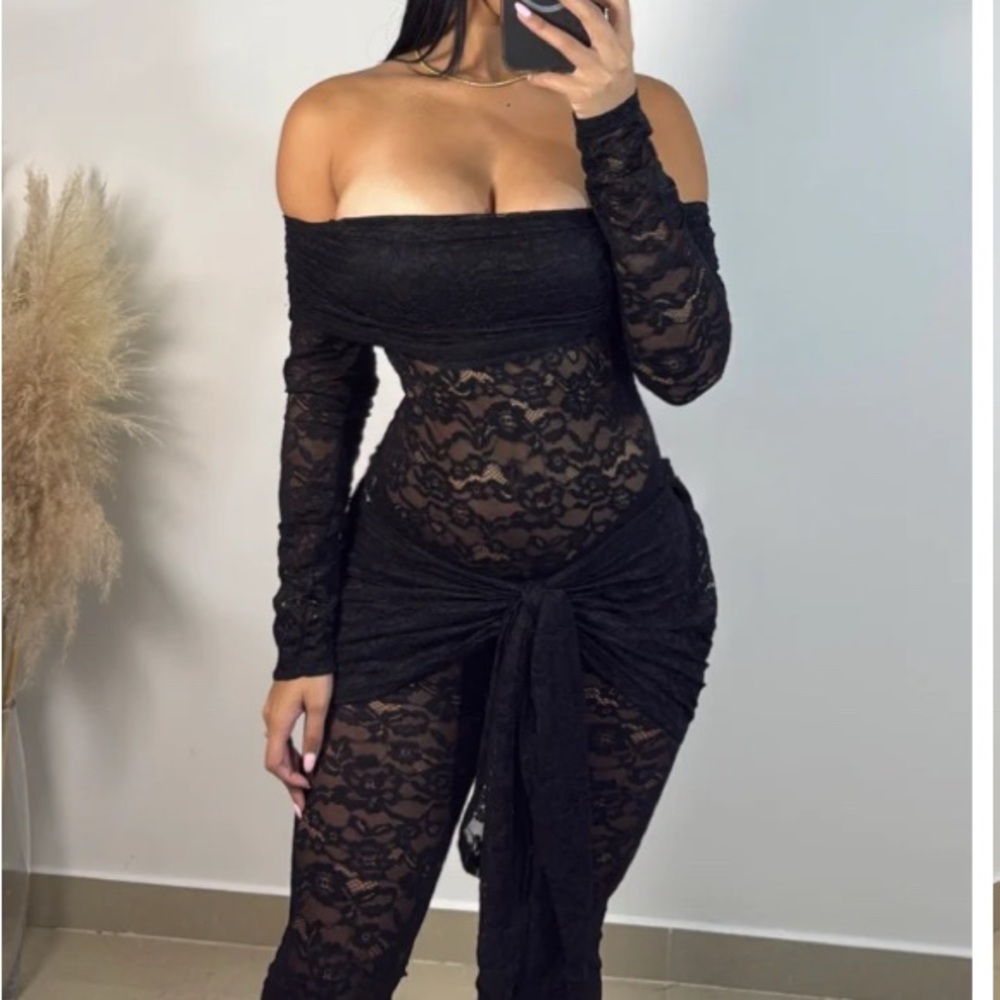 Black Straight Leg Lace Jumpsuit with Sheer Sleeves